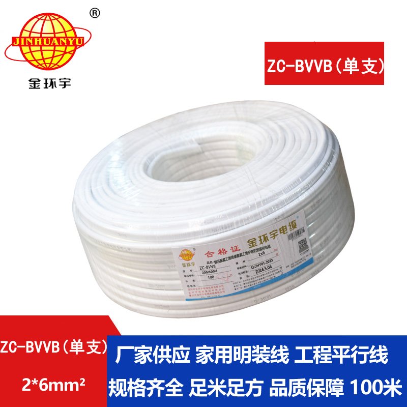 金環(huán)宇電線(xiàn)電纜 ZC-BVVB2X6平方 c級(jí)阻燃電線(xiàn) 單支白